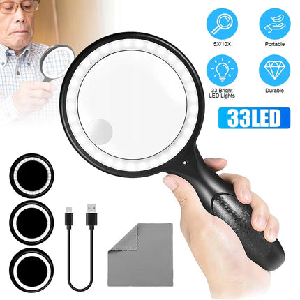 Handheld 5X/10X Magnifier Reading Magnifying Glass Jewelry Loupe With Light USB