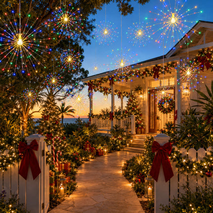 Solar Powered Multicolour LED 5 Head Firework Christmas Hanging Lights 8 Modes Copper Wire