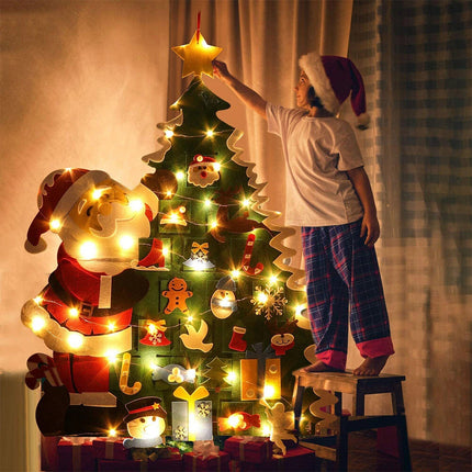 3.2FT Felt Christmas Tree Decorations Set Wall Hanging Ornaments w/ String Light  (Santa Claus w/ Lamp)