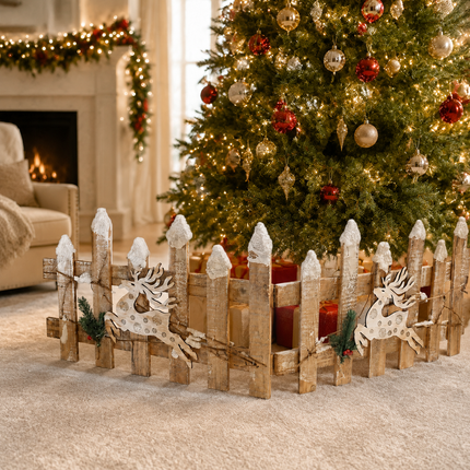 Christmas Wooden Picket Fence Reindeer Snow Tipped Tree Base Xmas Decor