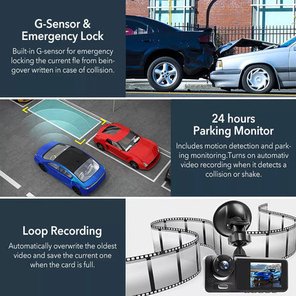 1080P Car Dash Camera DVR Video Recorder Front/Inside/Rear Three Cam G-sensor