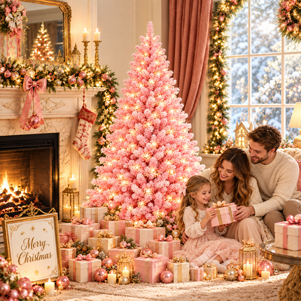 150cm Pink Snow Flocked Christmas Tree Pre-Lit  With LED Light 160 LED Warm White Xmas Decor