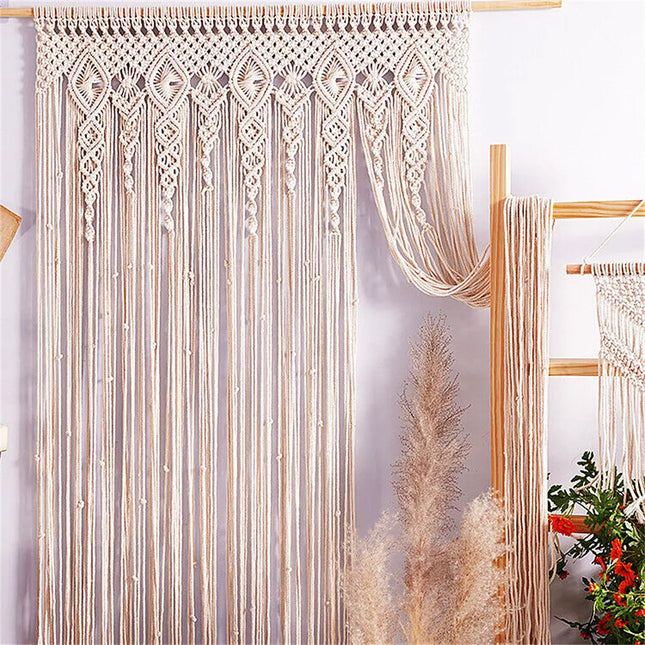 Macrame Beaded Curtain Door Curtains Boho Wedding Backdrop Decor Beige 90x180cm