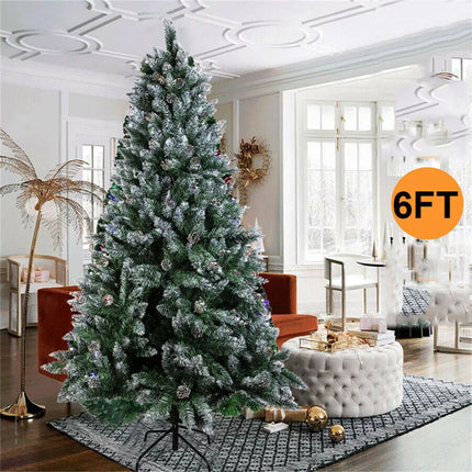 Artificial Christmas Tree with LED Lights Xmas Bushy Pine Holiday Pre Lit Decor Snow Flocked Tree+Pine Cone