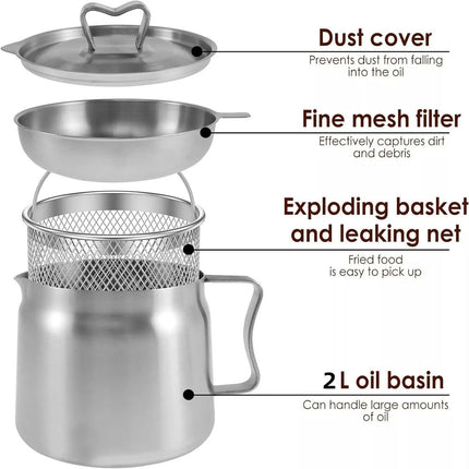 2L Deep Fryer Pot Oil Tank Kettle with Filter for Oils Storage Stainless Steel