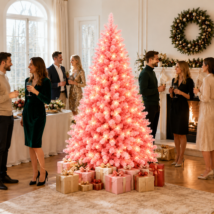 210cm 7FT Pink Snow Flocked Christmas Tree Pre-Lit With LED Light 350LED Warm White Xmas Decor