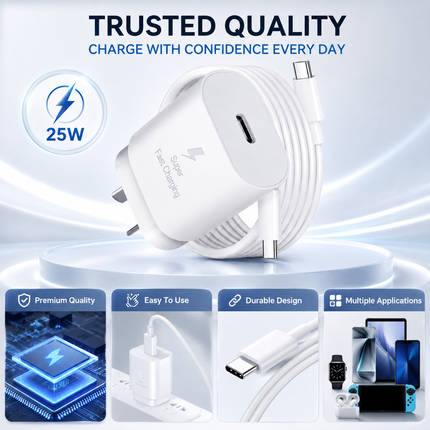 White PD 25W Fast Charger Power Adapter Samsung Type C Wall USB-C Cable Google Oppo