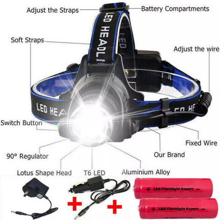 350000LM LED Headlamp Zoom Rechargeable T6 Headlight Flashlight Head Torch