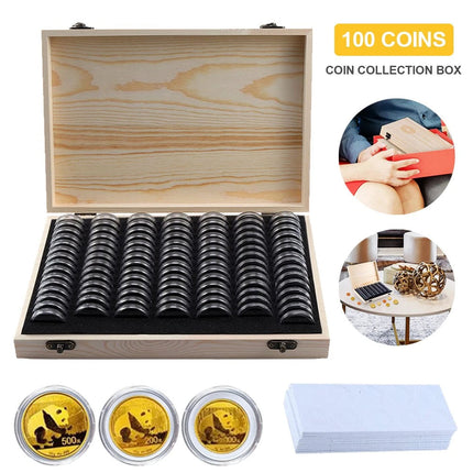 100PCS Coin Capsules Storage Box with Wooden Case Holder Collection Display Tool