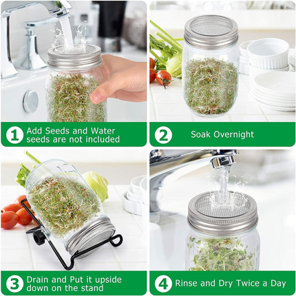 2Set Seed Sprouter Germination Cover Kit Sprouting Mason Jars with Lids & Stands