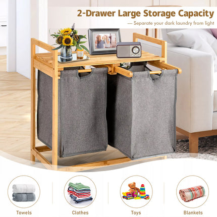 Laundry Baskets Hamper Bamboo Shelf w/ 2 Sliding Washing Clothes Bags