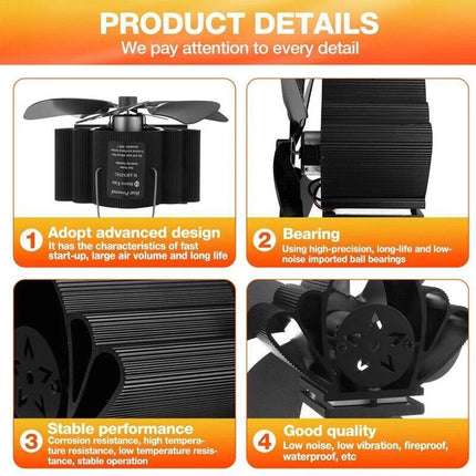 6 Blades Fireplace Stove Fan Heat Cocoon Self-Powered Wood Top Burner Eco Heater