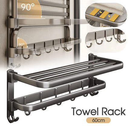 60cm Space Aluminium Wall Mounted Bathroom Foldable Towel Rail Rack Holder Grey
