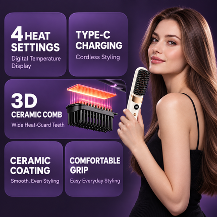 Cordless Hair Straightener Brush Purple Ionic Ceramic 4 Heat USB Rechargeable