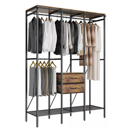 XXL Large Industrial Coat Rack Stand Bedroom Open Wardrobe w/ 2 Drawer Shelves