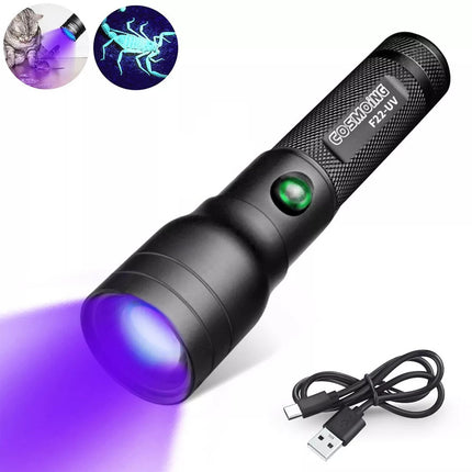 Zoom 395nm UV Light Blacklight Rechargeable Tactical LED Flashlight Lamp