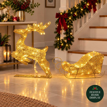 Light Up Christmas Reindeer Sleigh Solar Plug In LED Indoor Outdoor Decoration