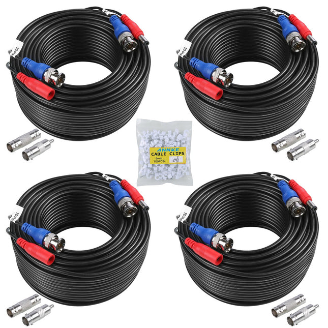 Black 4PCS 100ft 30m Security Camera Video Power Cable BNC CCTV Extension Cord
