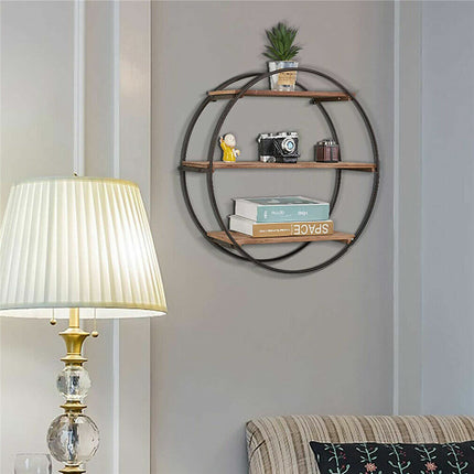 Floating Shelves 3 Tier Decorative Geometric Circle Metal and Wood Wall Shelves