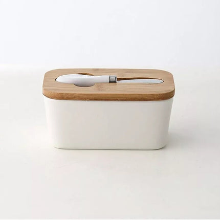 Ceramic Butter Dish Box Storage Tray Container w/ Bamboo Lid & Butter Cutter