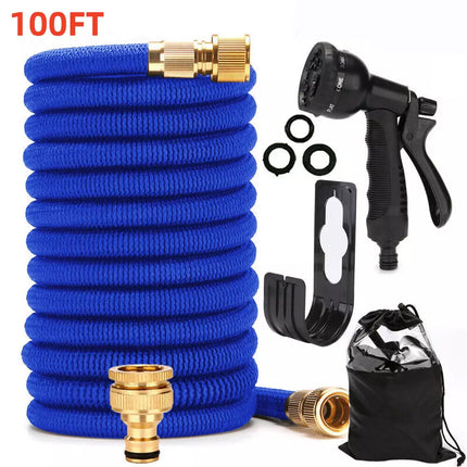 100FT Expandable Flexible Garden Water Hose Pipe Spray Gun Blue Garden Hose Pipe