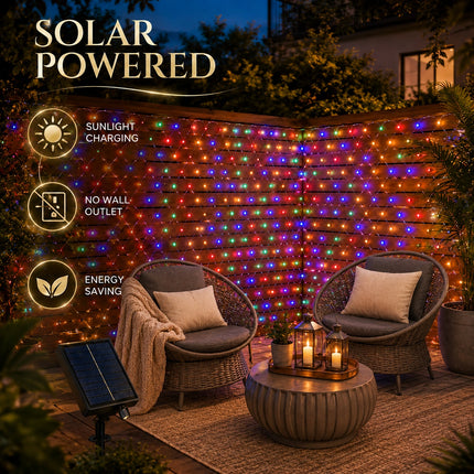 3M x 2M Solar Christmas Net Lights 240 LED Multicolour Outdoor Garden Curtain String Fairy Lights – 8 Modes