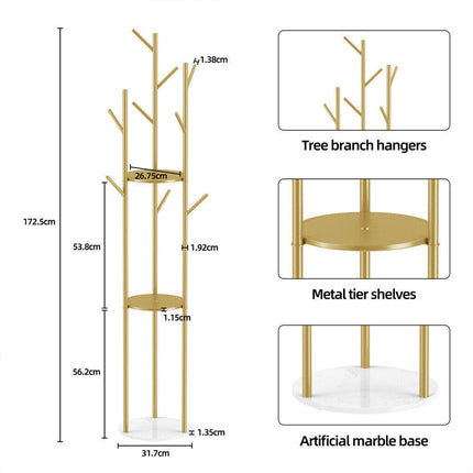 Golden Pole Tree Metal Coat Rack Stand Hooks Hanger Stable Marble Base Standing