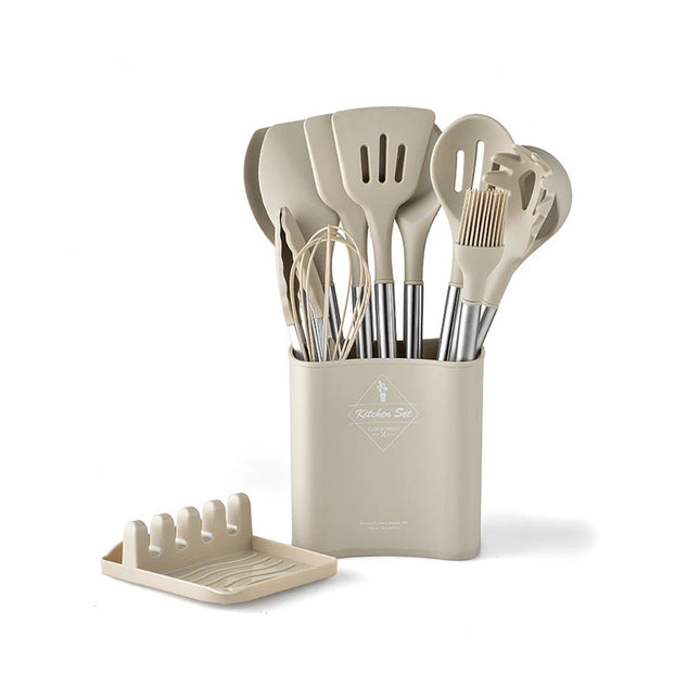 13PCS Silicone Kitchen Utensil Set with Stainless Steel Handles Non-Stick Tools (Beige)