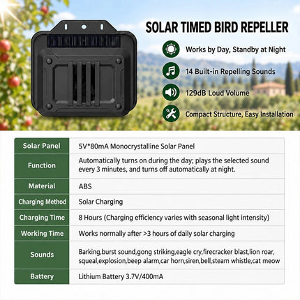 1PCS Waterproof Bird Repellent Outdoor Solar Bird Deterrent for Geese 129dB