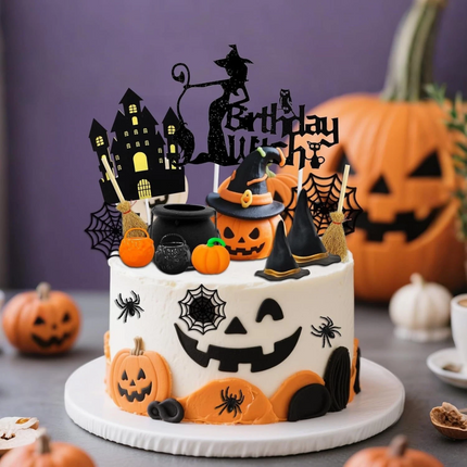 16pcs Halloween Cake Topper Set Party Supplies Witch Pumpkin Decoration