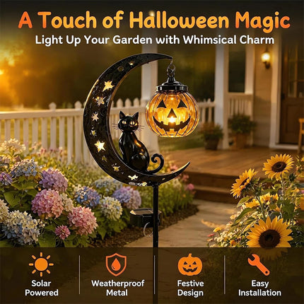 Solar Halloween Black Cat & Pumpkin Moon Garden Stake Light Hanging Lantern Lamp