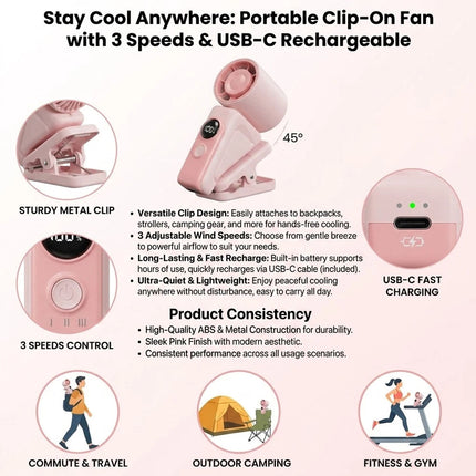 Portable USB Rechargeable Handheld Fan with Clip 3-Speed Mini Cooling Fan 1pc
