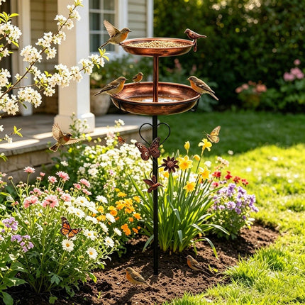 Double Bowl Bird Bath Feeder W/ 5 Prong Freestanding Antique Outdoor Garden Yard
