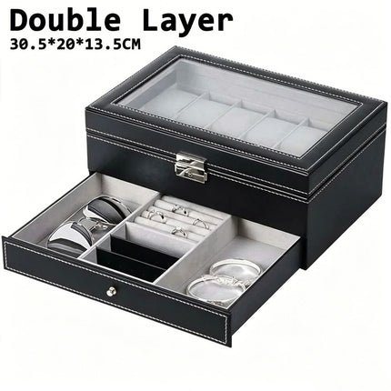 Double Layer Grids Watch Holder Box Carbon Storage Case Jewelry Display Organizer Gift