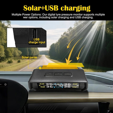 Tyre Pressure Monitor System TPMS Solar USB Car LCD Tire Alarm w/ 4 Sensors
