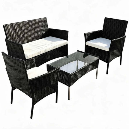 4-Piece Outdoor Patio Wicker Lounge Set Chair with Cushions & Glass Coffee Table