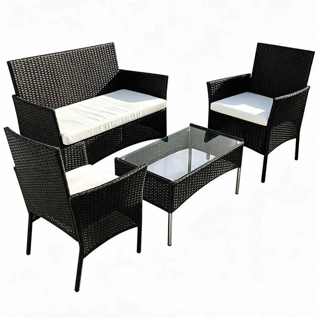 4-Piece Outdoor Patio Wicker Lounge Set Chair with Cushions & Glass Coffee Table
