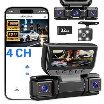 4 Ch Dash Cam 5GHz WiFi Front Rear and Inside with Night Vision G-Sensor for Car