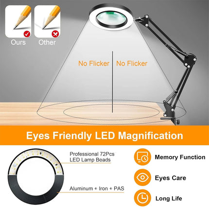 10X Magnifying Glass Desk Light Magnifier LED Lamp Reading Lamp With Base& Clamp