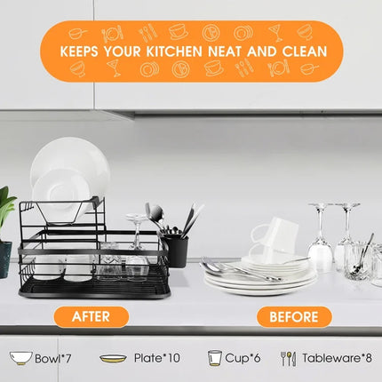 2-Tier Dish Drying Rack Dish Rack Dish Drainer with Drain Board Design Anti-Rust