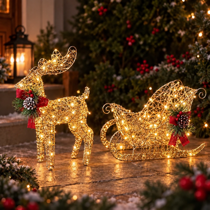 Solar Christmas Reindeer Sleigh LED Lights Outdoor Garden Xmas Yard Decoration