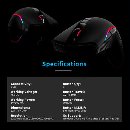 AKUN 7200DPI Wired USB 7 Button Backlit RGB Gaming Mouse PC Laptop Ergonomic