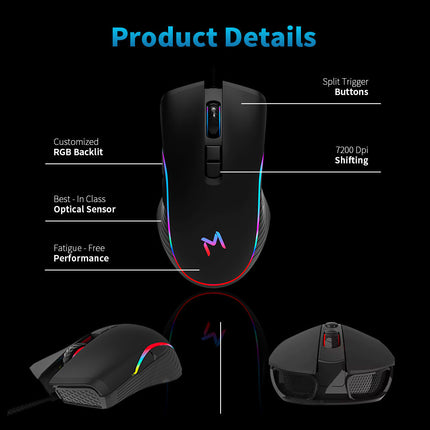 AKUN 7200DPI Wired USB 7 Button Backlit RGB Gaming Mouse PC Laptop Ergonomic