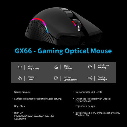 AKUN 7200DPI Wired USB 7 Button Backlit RGB Gaming Mouse PC Laptop Ergonomic