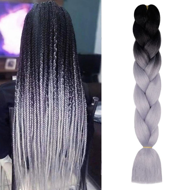 62cm Synthetic Gradient Coloured Braiding Hair Extensions - Black&Silver Grey