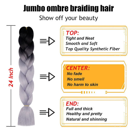 62cm Synthetic Gradient Coloured Braiding Hair Extensions - Black&Silver Grey
