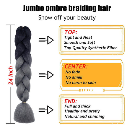 62cm Synthetic Gradient Coloured Braiding Hair Extensions - Black&Dark Silver