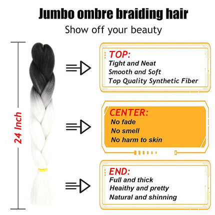 62cm Synthetic Gradient Coloured Braiding Hair Extensions - Dark Black&White