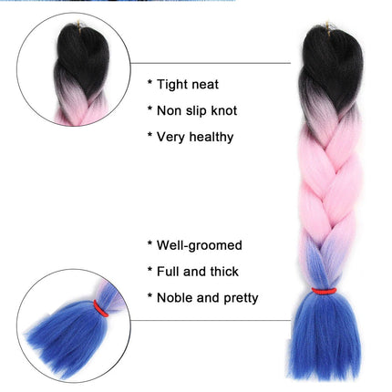 62cm Synthetic Gradient Coloured Braiding Hair Extensions -Black&Pink&Blue