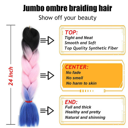 62cm Synthetic Gradient Coloured Braiding Hair Extensions -Black&Pink&Blue